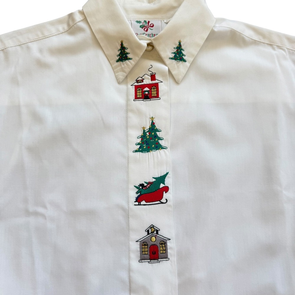 Nutcracker Vintage Christmas Embroidered White Button Up Shirt Womens Medium